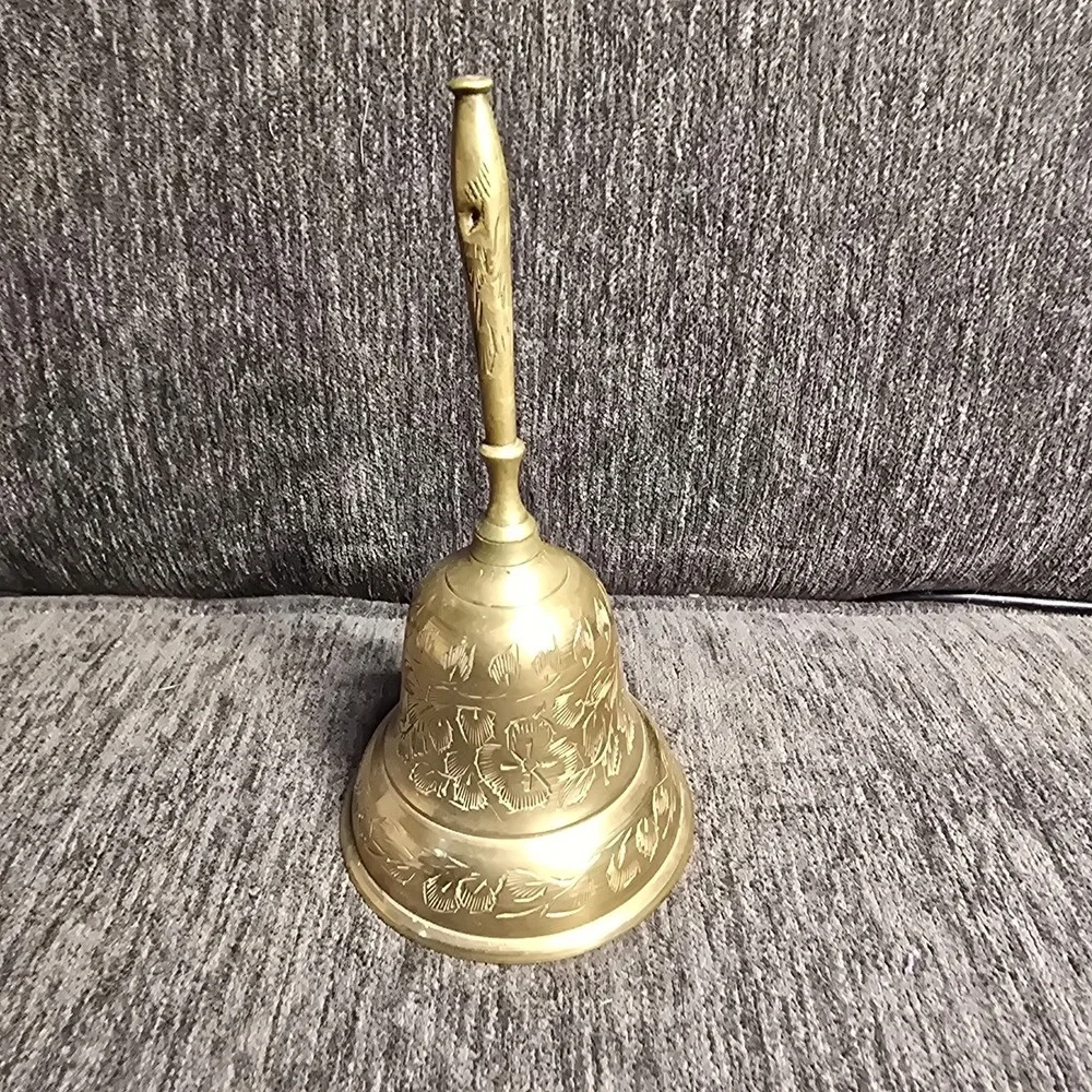 Vintage Solid Brass Hand‎ Engraved Floral Bell 6 Inches Tall